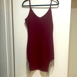 Elegant Burgundy Dress with rhinestone Fringe Detail.  This large runs small.